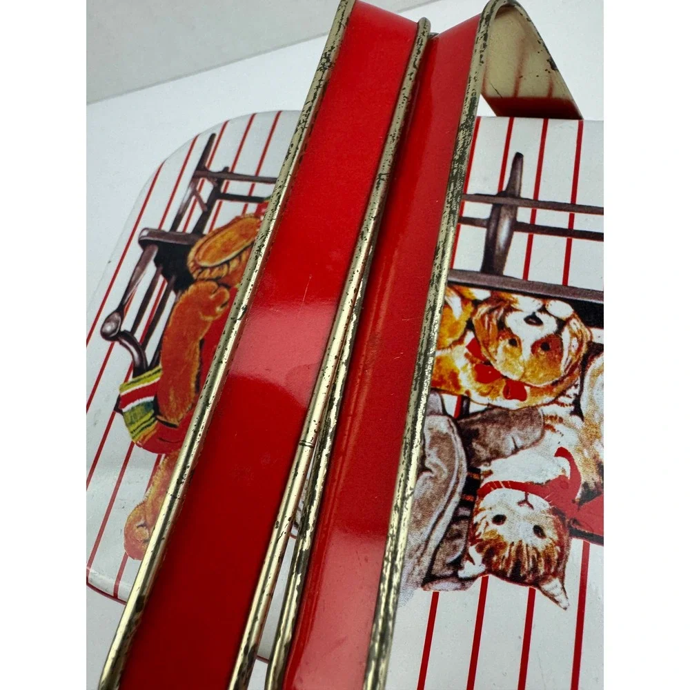 Vintage Christmas Holiday Tin Teddy Bear Cat Dog Picnic Basket Style Red White
